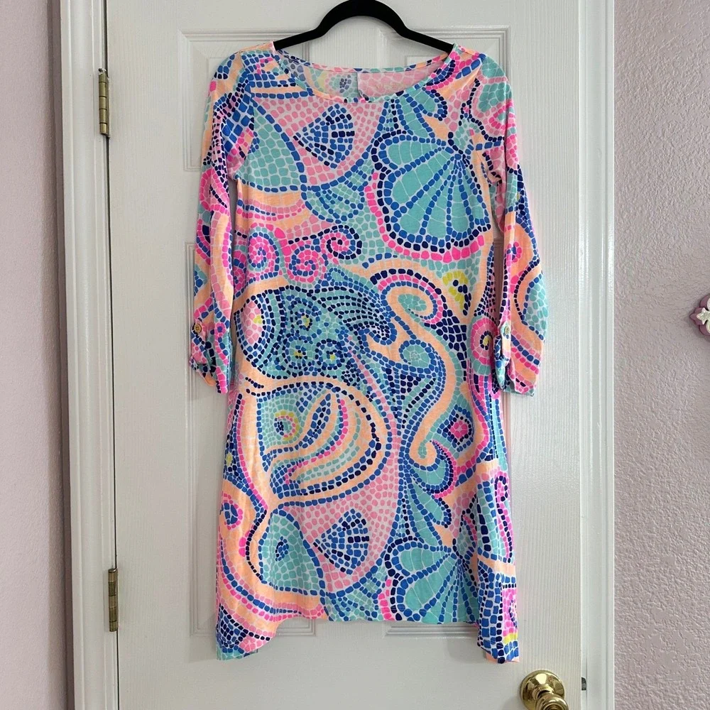 Lilly Pulitzer Edna Swing Dress 3/4 Sleeve Colorful Vacation Sea Pima Cotton XS - Picture 4 of 7